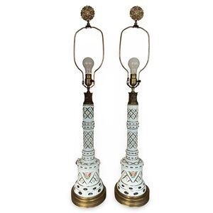 HUGE Pair Vintage Moser Czech Bohemian WHITE Opaque CUT 2 CLEAR Glass Lamps